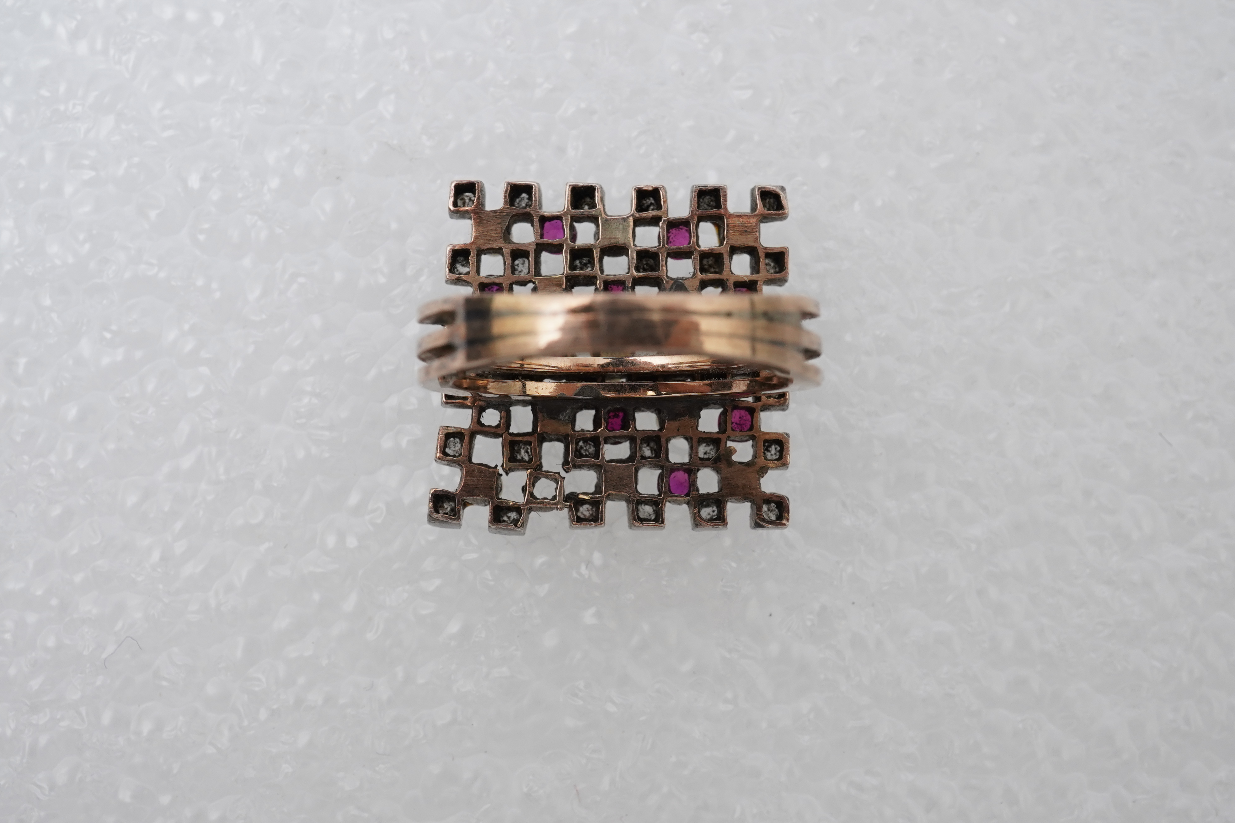 A synthetic ruby, seed pearl and diamond ring